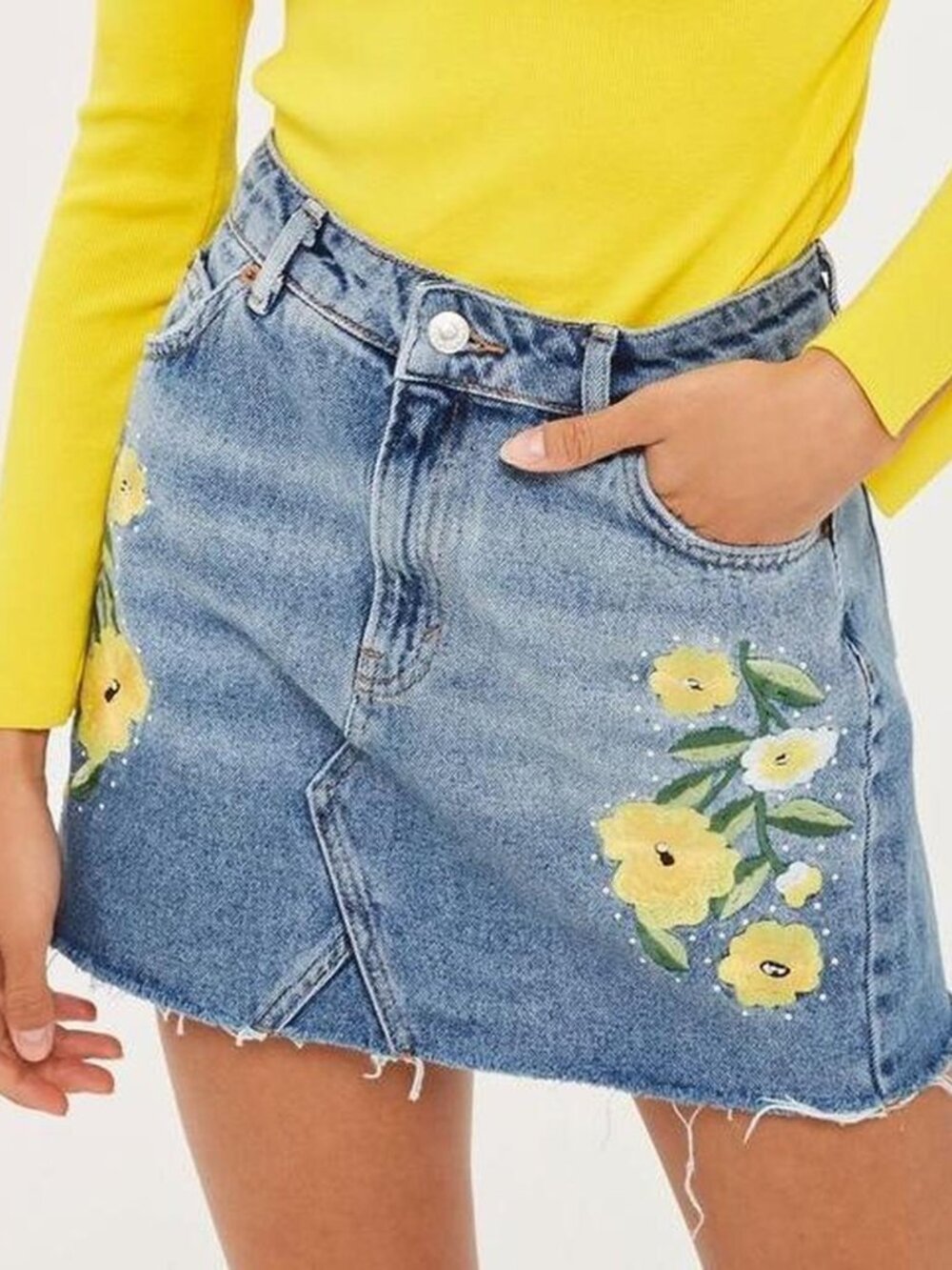 Topshop Moto Embroidered Stud Yellow Floral Denim Raw Hem High Waist Mini Skirt